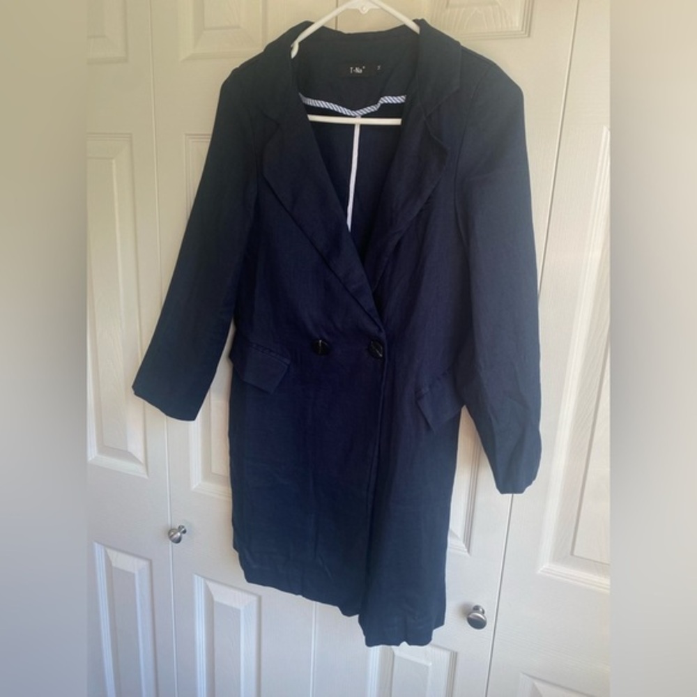 New Navy 100% Linen Long Blazer Jacket size M - Picture 1 of 6